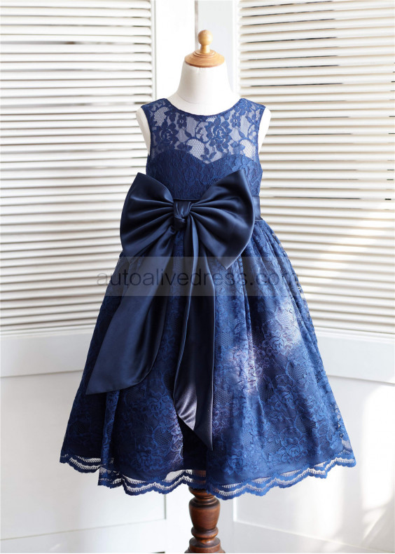 Navy Blue Lace Big Bow Knee Length Flower Girl Dress